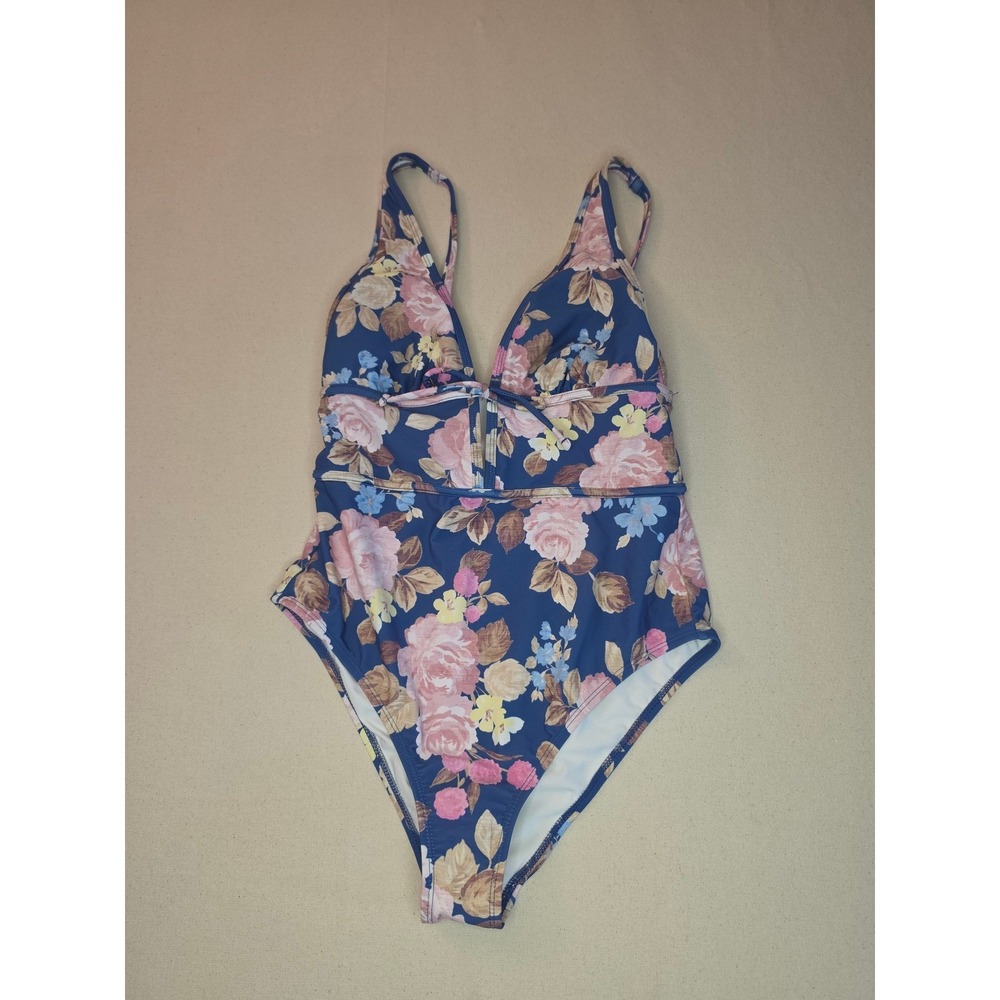 Shade & Shore Floral Print Plunge One Piece Swimsuit Blue Large NWT